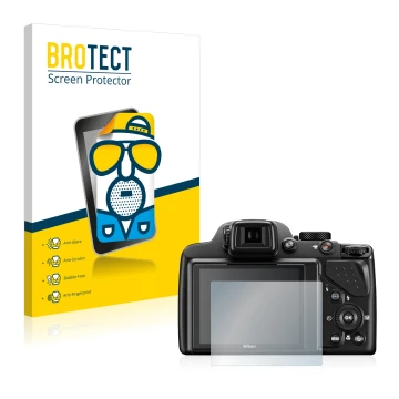 Face avant d’un emballage produit avec le logo de la marque BROTECT. À côté, l’appareil Nikon Coolpix P530 est représenté avec