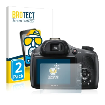 Face avant d’un emballage produit avec le logo de la marque BROTECT. À côté, l’appareil Sony Cyber-Shot DSC-HX400V est représe