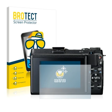 Face avant d’un emballage produit avec le logo de la marque BROTECT. À côté, l’appareil Canon PowerShot G1 X Mark II est repré