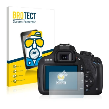 Face avant d’un emballage produit avec le logo de la marque BROTECT. À côté, l’appareil Canon EOS 1200D est représenté avec la