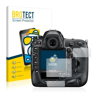 Face avant d’un emballage produit avec le logo de la marque BROTECT. À côté, l’appareil Nikon D4S est représenté avec la prote