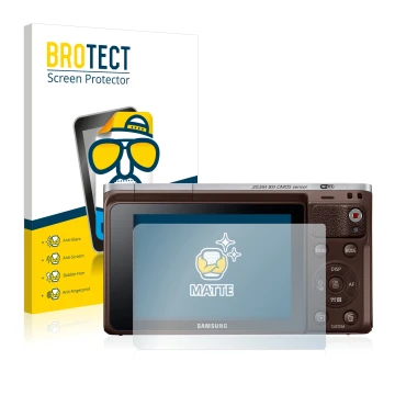 Face avant d’un emballage produit avec le logo de la marque BROTECT. À côté, l’appareil Samsung NX Mini est représenté avec la