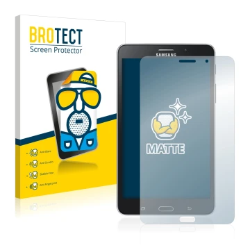 Face avant d’un emballage produit avec le logo de la marque BROTECT. À côté, l’appareil Samsung Galaxy Tab Tab 4 7.0 LTE est r