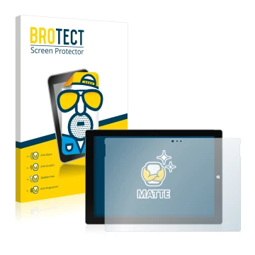 Face avant d’un emballage produit avec le logo de la marque BROTECT. À côté, l’appareil Microsoft Surface Pro 3 est représenté