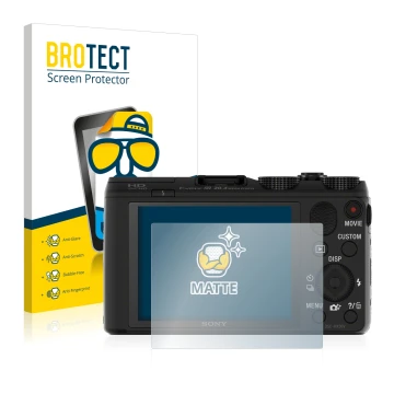 Face avant d’un emballage produit avec le logo de la marque BROTECT. À côté, l’appareil Sony Cyber-Shot DSC-HX50 est représent