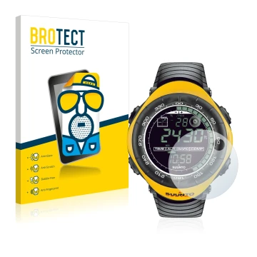 Face avant d’un emballage produit avec le logo de la marque BROTECT. À côté, l’appareil Suunto Vector Yellow est représenté av