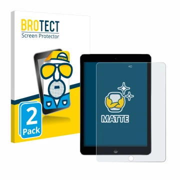 Face avant d’un emballage produit avec le logo de la marque BROTECT. À côté, l’appareil Apple iPad Air 2 2014 est représenté a