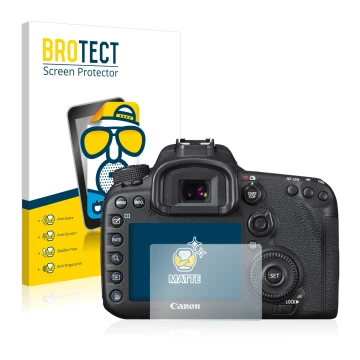 Face avant d’un emballage produit avec le logo de la marque BROTECT. À côté, l’appareil Canon EOS 7D Mark II est représenté av