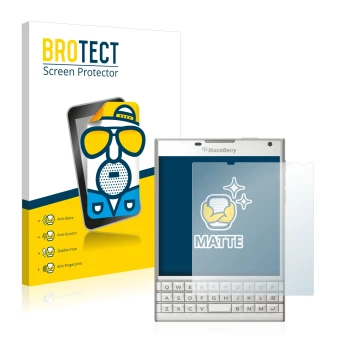 Face avant d’un emballage produit avec le logo de la marque BROTECT. À côté, l’appareil BlackBerry Passport est représenté ave