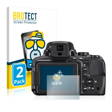 Face avant d’un emballage produit avec le logo de la marque BROTECT. À côté, l’appareil Nikon Coolpix P900 est représenté avec