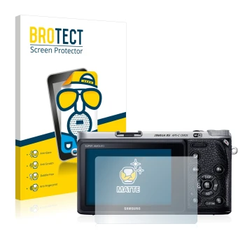 Face avant d’un emballage produit avec le logo de la marque BROTECT. À côté, l’appareil Samsung NX500 est représenté avec la p