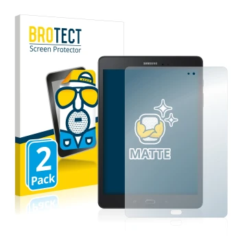 Face avant d’un emballage produit avec le logo de la marque BROTECT. À côté, l’appareil Samsung Galaxy Tab A 9.7 est représent