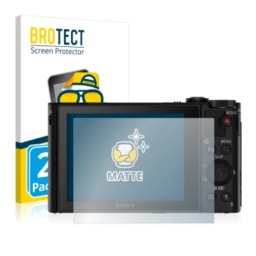 Face avant d’un emballage produit avec le logo de la marque BROTECT. À côté, l’appareil Sony Cyber-Shot DSC-HX90V est représen