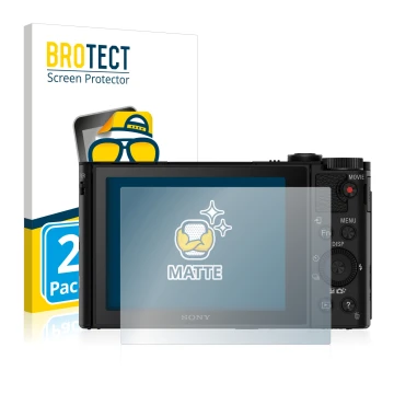Face avant d’un emballage produit avec le logo de la marque BROTECT. À côté, l’appareil Sony Cyber-Shot DSC-WX500 est représen