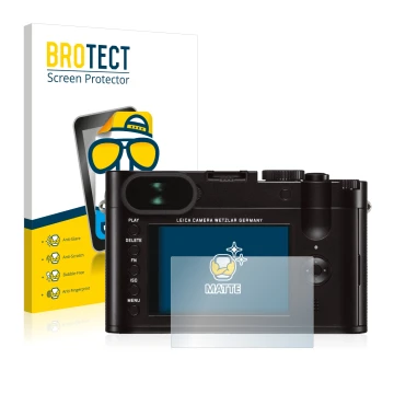 Face avant d’un emballage produit avec le logo de la marque BROTECT. À côté, l’appareil Leica Q (Typ 116) est représenté avec 