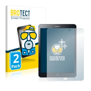 Face avant d’un emballage produit avec le logo de la marque BROTECT. À côté, l’appareil Samsung Galaxy Tab S2 9.7 est représen