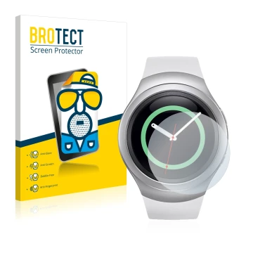 Face avant d’un emballage produit avec le logo de la marque BROTECT. À côté, l’appareil Samsung Gear S2 est représenté avec la