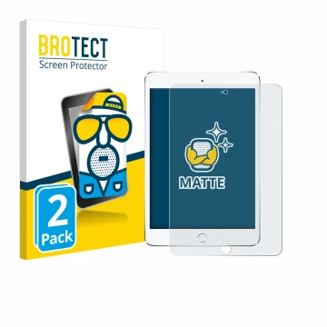 Face avant d’un emballage produit avec le logo de la marque BROTECT. À côté, l’appareil Apple iPad Mini 4 2015 est représenté 