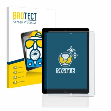 Face avant d’un emballage produit avec le logo de la marque BROTECT. À côté, l’appareil Apple iPad Pro 12.9