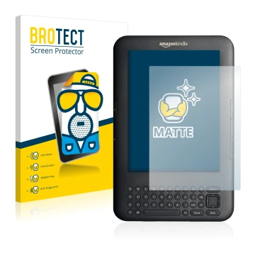 Face avant d’un emballage produit avec le logo de la marque BROTECT. À côté, l’appareil Amazon Kindle 3 est représenté avec la