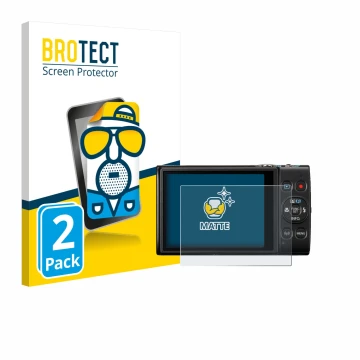 Face avant d’un emballage produit avec le logo de la marque BROTECT. À côté, l’appareil Canon Digital Ixus 285 hs est représen