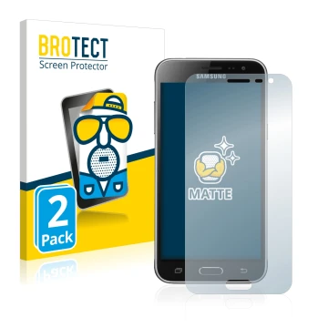 Face avant d’un emballage produit avec le logo de la marque BROTECT. À côté, l’appareil Samsung Galaxy J3 Duos 2016 est représ