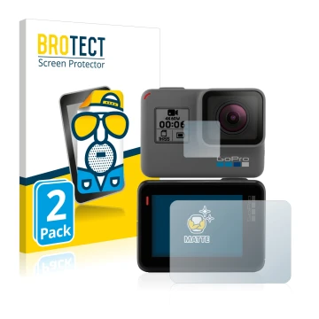 Face avant d’un emballage produit avec le logo de la marque BROTECT. À côté, l’appareil GoPro Hero 5 Black est représenté avec