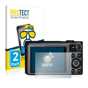 Face avant d’un emballage produit avec le logo de la marque BROTECT. À côté, l’appareil Canon PowerShot SX720 HS est représent