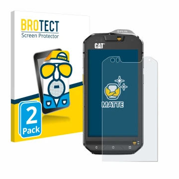 Face avant d’un emballage produit avec le logo de la marque BROTECT. À côté, l’appareil Caterpillar Cat S60 est représenté ave