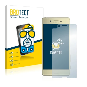 Face avant d’un emballage produit avec le logo de la marque BROTECT. À côté, l’appareil Sony Xperia X est représenté avec la p