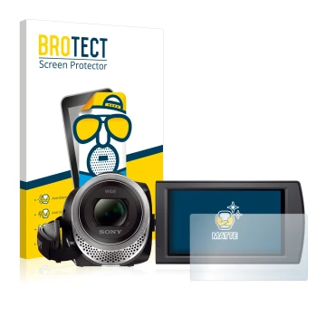 Face avant d’un emballage produit avec le logo de la marque BROTECT. À côté, l’appareil Sony FDR-AX53 est représenté avec la p