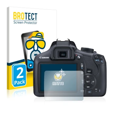 Face avant d’un emballage produit avec le logo de la marque BROTECT. À côté, l’appareil Canon EOS 1300D est représenté avec la