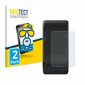 Face avant d’un emballage produit avec le logo de la marque BROTECT. À côté, l’appareil Garmin vivoactive HR est représenté av
