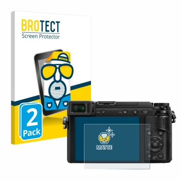 Face avant d’un emballage produit avec le logo de la marque BROTECT. À côté, l’appareil Panasonic Lumix DMC-GX80 est représent