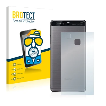 Face avant d’un emballage produit avec le logo de la marque BROTECT. À côté, l’appareil Huawei P9 Plus (Arrière) est représent