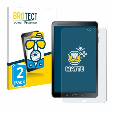 Face avant d’un emballage produit avec le logo de la marque BROTECT. À côté, l’appareil Samsung Galaxy Tab A 10.1 2016 SM-T585