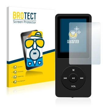Face avant d’un emballage produit avec le logo de la marque BROTECT. À côté, l’appareil AGPtek 8GB MP3-Player est représenté a