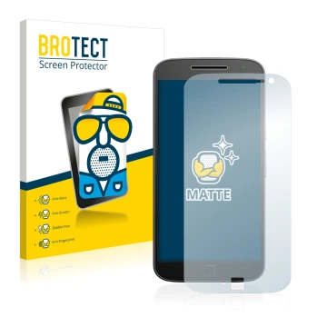 Face avant d’un emballage produit avec le logo de la marque BROTECT. À côté, l’appareil Motorola Moto G4 Plus est représenté a