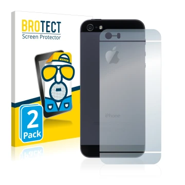 Face avant d’un emballage produit avec le logo de la marque BROTECT. À côté, l’appareil Apple iPhone SE 2016 Le dos (tutt la s