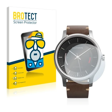 Face avant d’un emballage produit avec le logo de la marque BROTECT. À côté, l’appareil Garmin vivomove est représenté avec la