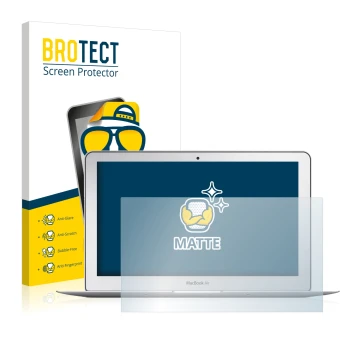 Face avant d’un emballage produit avec le logo de la marque BROTECT. À côté, l’appareil Apple MacBook Air 11