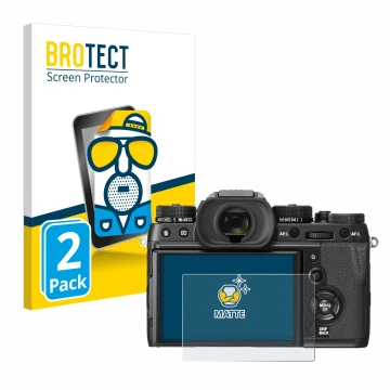 Face avant d’un emballage produit avec le logo de la marque BROTECT. À côté, l’appareil Fujifilm X-T2 est représenté avec la p