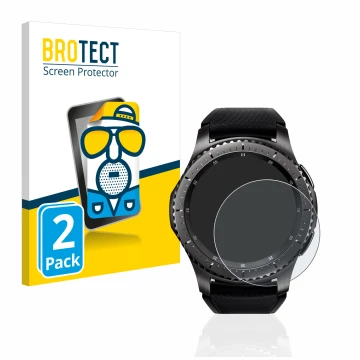 Face avant d’un emballage produit avec le logo de la marque BROTECT. À côté, l’appareil Samsung Gear S3 Frontier est représent