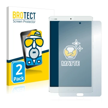 Face avant d’un emballage produit avec le logo de la marque BROTECT. À côté, l’appareil Huawei MediaPad M3 8.4 est représenté 