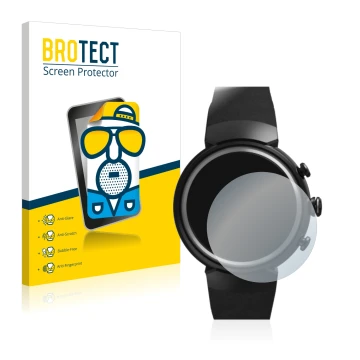 Face avant d’un emballage produit avec le logo de la marque BROTECT. À côté, l’appareil ASUS ZenWatch 3 1.39
