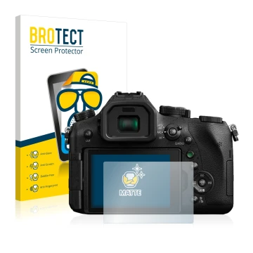 Face avant d’un emballage produit avec le logo de la marque BROTECT. À côté, l’appareil Panasonic Lumix DMC-FZ2000 est représe