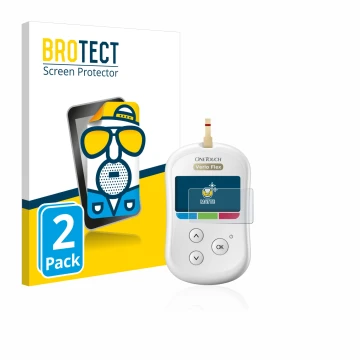 Face avant d’un emballage produit avec le logo de la marque BROTECT. À côté, l’appareil LifeScan OneTouch Verio Flex est repré