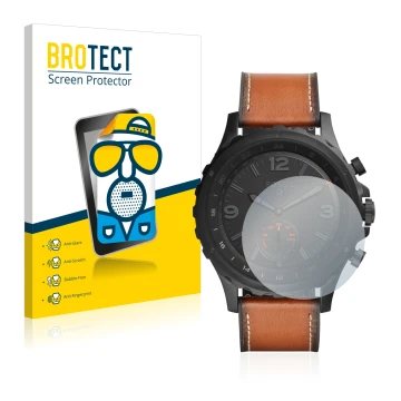 Face avant d’un emballage produit avec le logo de la marque BROTECT. À côté, l’appareil Fossil Q Nate est représenté avec la p