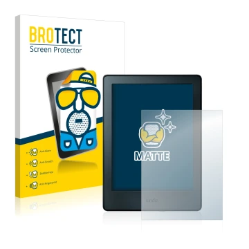 Face avant d’un emballage produit avec le logo de la marque BROTECT. À côté, l’appareil Amazon Kindle 2016 (8ème Gen.) est rep