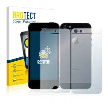 Face avant d’un emballage produit avec le logo de la marque BROTECT. À côté, l’appareil Apple iPhone 5S (Avant+Arrière) est re
